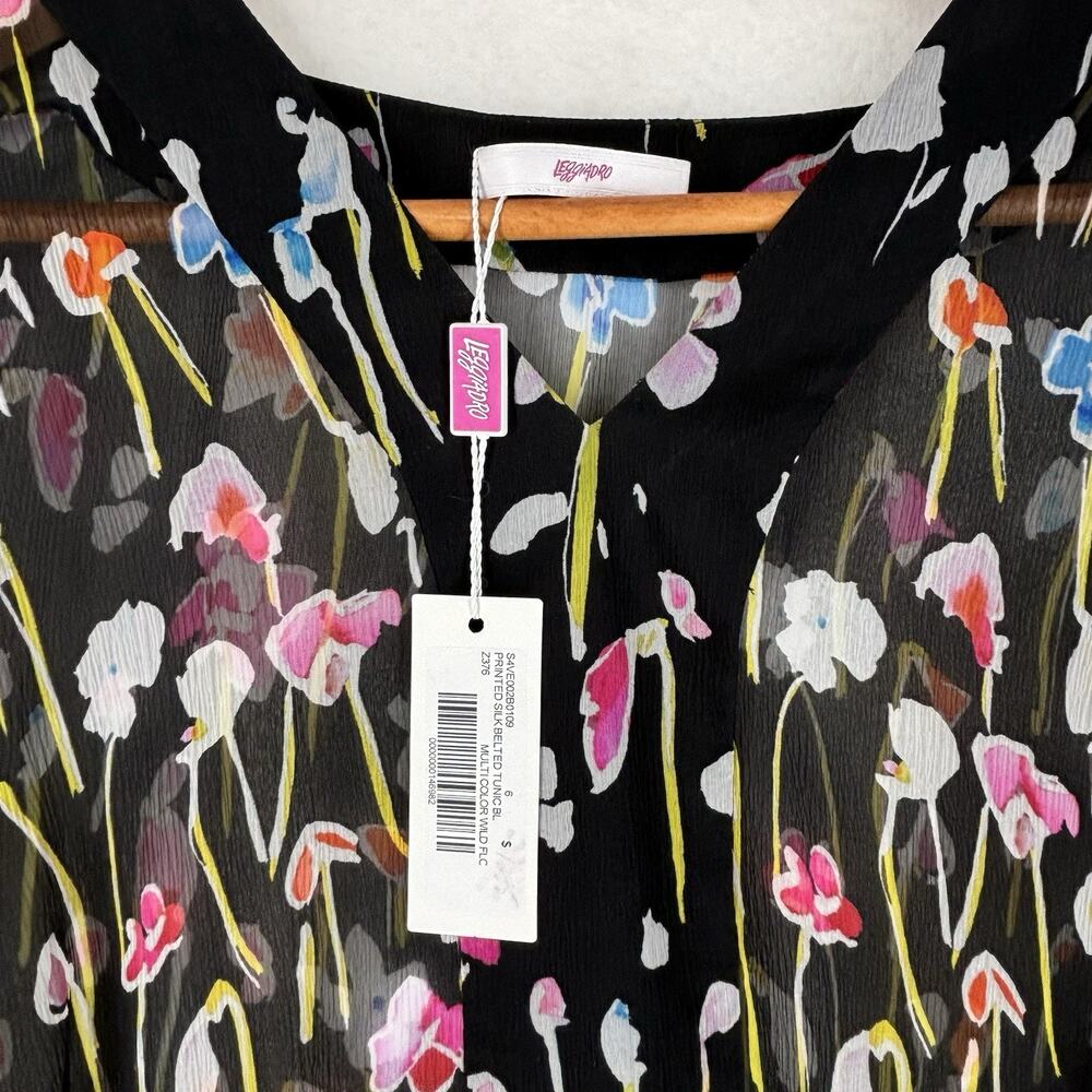 Leggiadro Sheer Printed Silk Belted Tunic Blouse Multi Color Wild Flower Size 6 - Picture 5 of 12